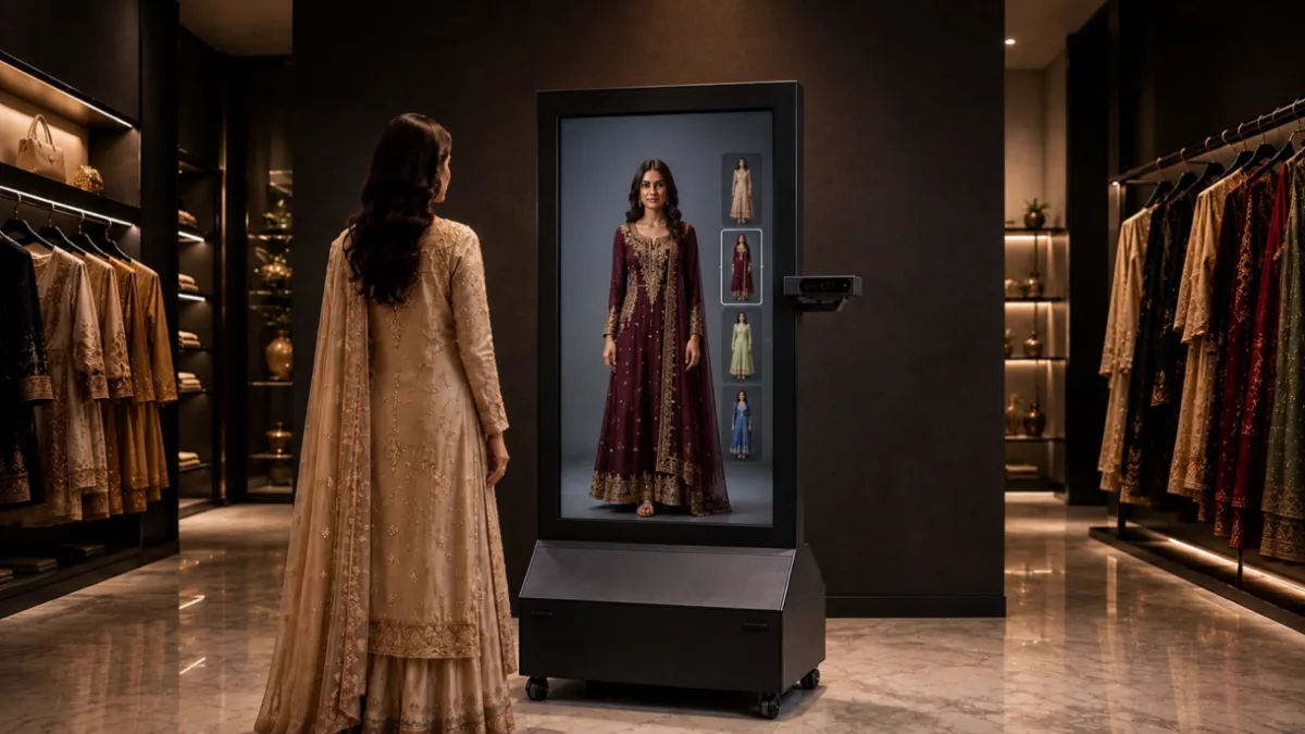 A customer in eastern wear stands at the Vagora Mirror in a fashion boutique, and sees herself in a maroon outfit on its screen.